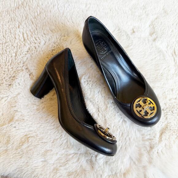 Tory Burch Black Leather Pumps Block Heel Black Double T Gold Logo Size 7 Office - Picture 1 of 7